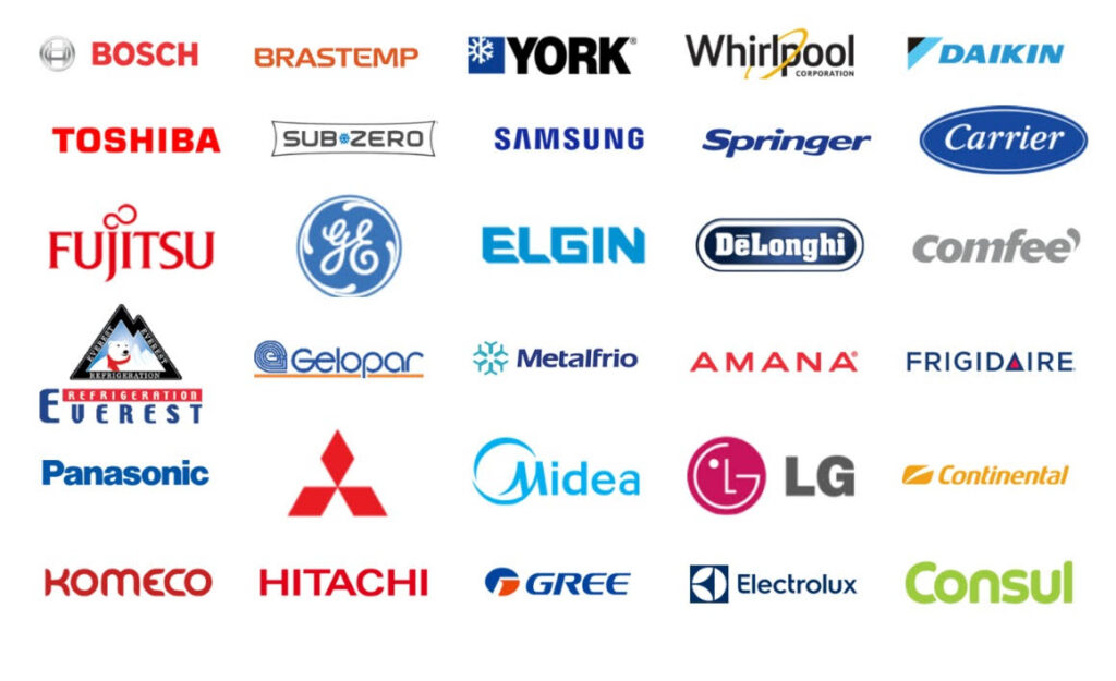 Logos of various appliance and HVAC brands like Bosch, Whirlpool, Samsung, and LG.